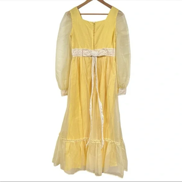 Vintage Handmade Cottagecore Yellow Square Neck Long Sleeve Maxi Dress Size S - Picture 2 of 10
